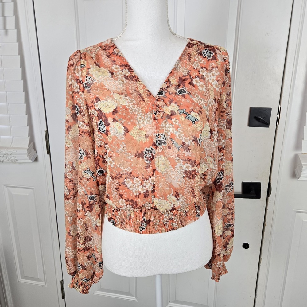Maison D' Amelie Blouse Top Womens Small Orange Floral Boho Cropped Iridescent